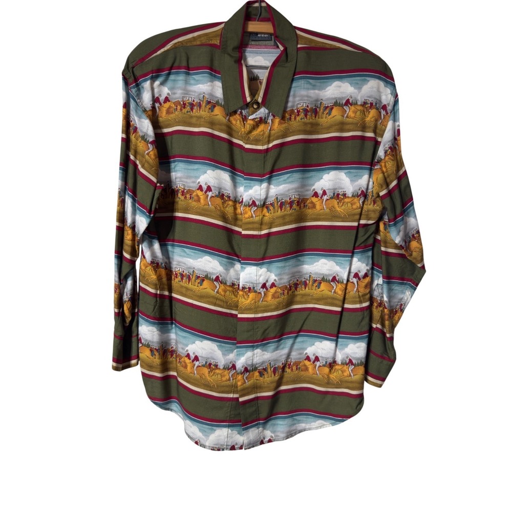 Lizwear Equestrian Horse Fox Hunt Print Rayon‎ Button Front Shirt Olive Green M